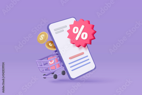 3d mobile phone with price tags for online shopping concept. Basket with promotion tag discount coupon of cash for future, special offer promotion. 3d price tags icon vector render illustration