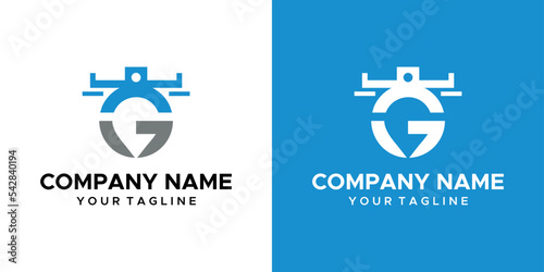 a G-themed graphic image, drone and gps, on a blue and white background. vector graphics base.