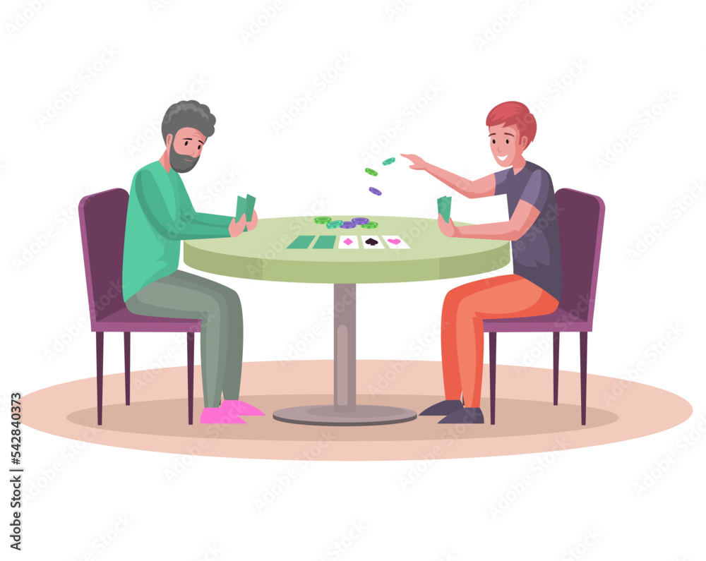 Men sitting at table and playing with cards and chips. Home activity and recreation with game of chance. Male characters spend time with poker. Friends with playcards comes up with strategy for game Men sitting at table and playing with cards and chips. Home activity and recreation with game of chance. Male characters spend time with poker. Friends with playcards comes up with strategy for game