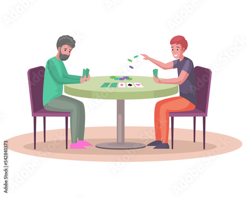 Men sitting at table and playing with cards and chips. Home activity and recreation with game of chance. Male characters spend time with poker. Friends with playcards comes up with strategy for game photo