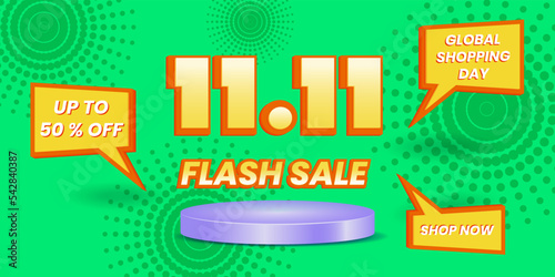 11 11 flash sale. green abstract background, blue cylinder podium, text effect. 3d, simple, modern, colorful concept. use for advert, ads, event, promotion, poster, flyer