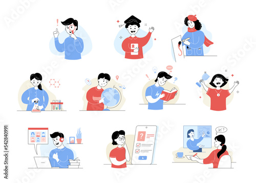 Set of cute school children learning at school. Boys and girls students at lesson of chemistry, geography, literature and art. School education and homeschooling cartoon thin line vector illustration