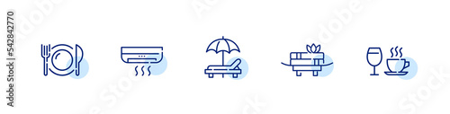 5 resort icons. Restaurant, air conditioning unit, beach umbrella, spa and cafe. Pixel perfect, editable stroke