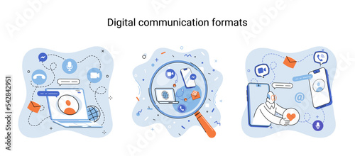 Digital communications formats. Chat messages smartphone, Sms on mobile phone screen, computer application. Chatting, messaging using chat app or social network. Persons cellphone metaphor