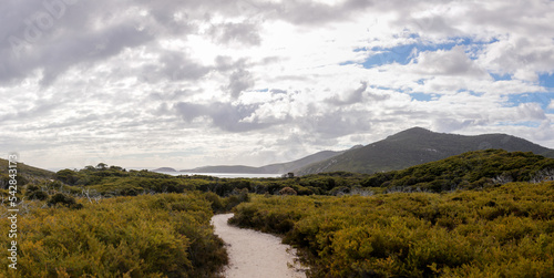 Panorama showing hiking trails, bays and native bushland of Wilson's Promontory National Park, Victoria, Australia