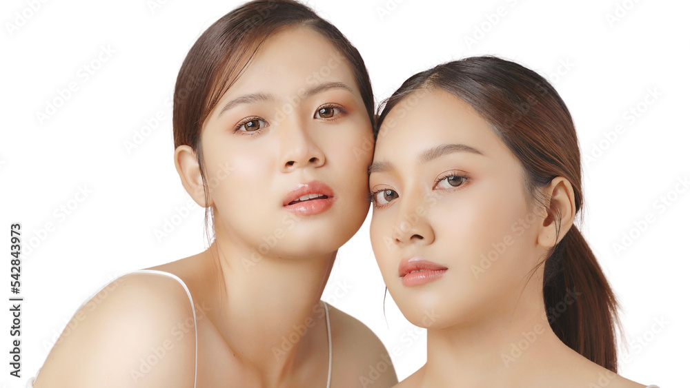 Portrait beauty shot of closed up view of young Asian woman with perfect skin near blurred friend isolated on transparent background, PNG file format.