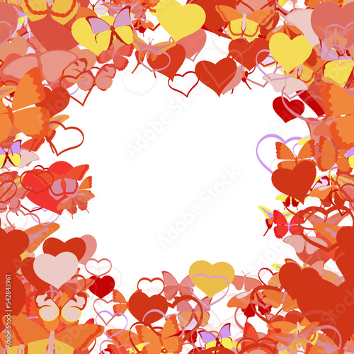 Background pattern abstract seamless design texture. Border frame, transparent background. Theme is about spring, gorgeous, colorful, Red Admiral, relations, exotic, hearts, background