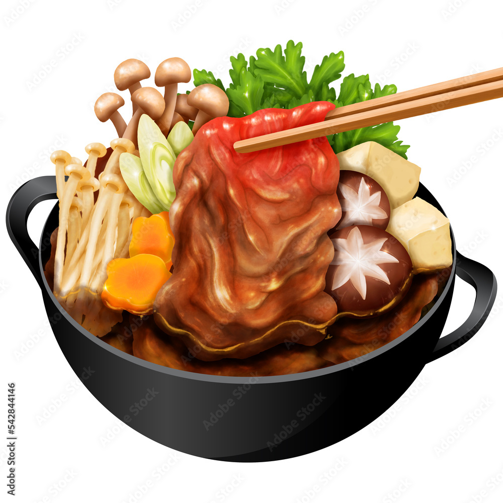 Japanese wagyu shabu shabu and sukiyaki illustration image. Sukiyaki