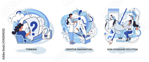 Creative thinking. People with different mental mindset types or model creative. Imaginative logical and structural thinking. MBTI person metaphor. Non standart solution. Brain think people solve idea