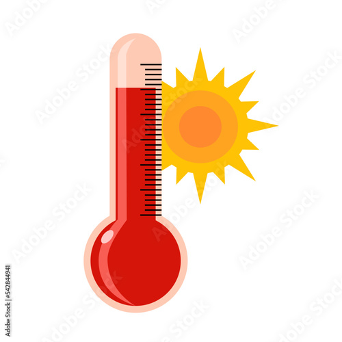 Thermometer with sun in flat design on white background. Hot summer heat weather concept vector illustration.