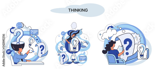 Problem solving metaphor, wondering or thinking, planning or pondering, with question mark. Creative thought idea. Brainstorming, idea and fantasy, motivation and inspiration, finding solution, answer