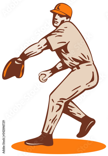 Illustration of a american baseball player outfilelder throwing ball isolated on white background. © patrimonio designs