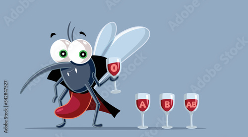 Funny Mosquito Drinking Different Types of Blood Vector Cartoon. Cheerful insect feeling hungry tasting blood sample

