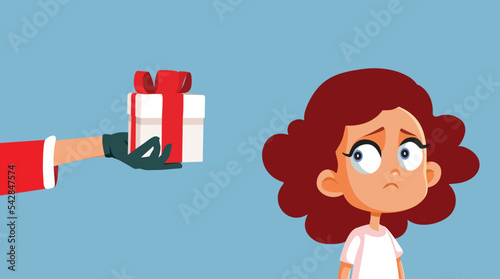 Girl Receiving a Disappointing Gift from Santa Claus Vector Illustration. Unhappy child reacting to a bad present from Santa

