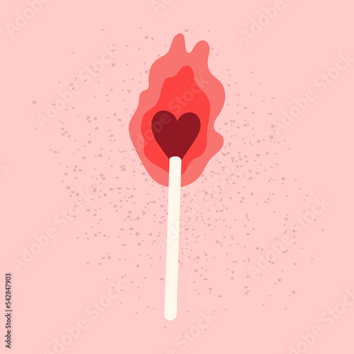 Hand drawn burning match with heart shape head. Isolated vector flame on pink