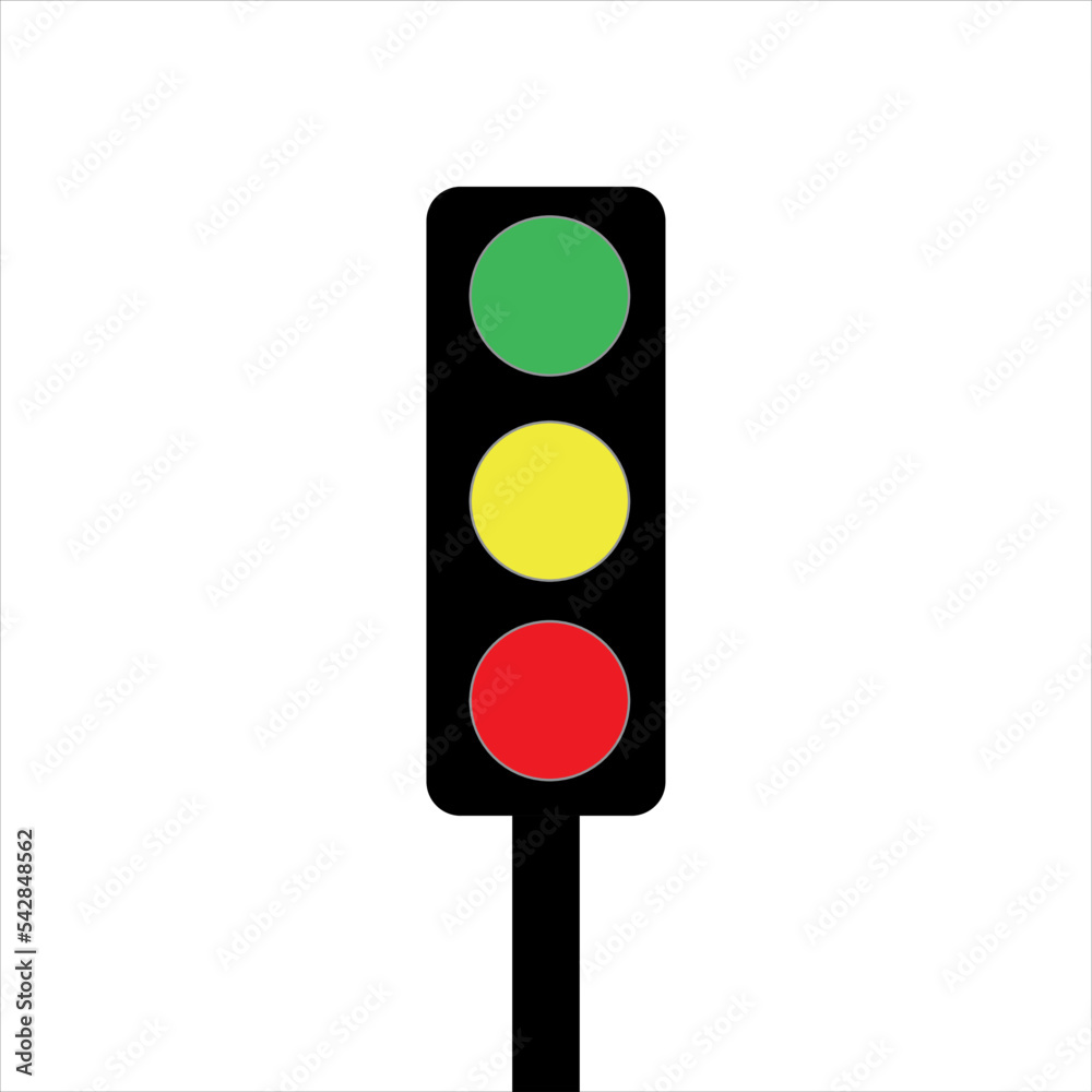 Semaphore. Traffic signage in illustrative format. Green, yellow, red and black colors. Traffic light in the background, white