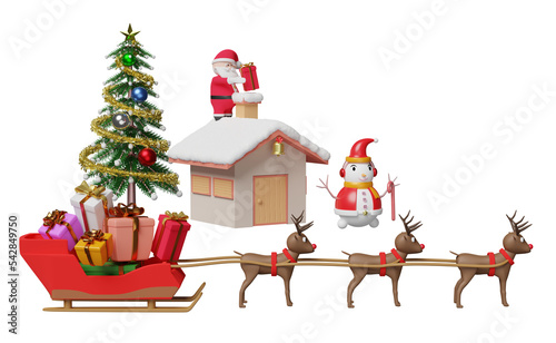 reindeer sleigh with santa claus, house, gift box, christmas tree isolated. website or poster or Happiness cards, banner and festive New Year, 3d illustration or 3d render