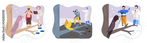 Observation of animals in wild. Ecologists scientists conduct research, take care of fowl and nature. Researcher study flora fauna and environment. Professional ecological activist photographing bird