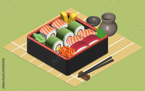 bento box sushi japanese food isometric virtual modern 3d render 