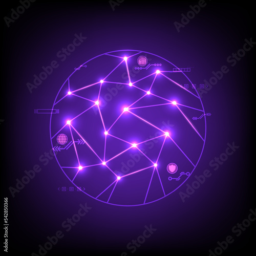high-tech globe circle with a triangle on the surface, glowing, shining on the intersection, with symbols all around