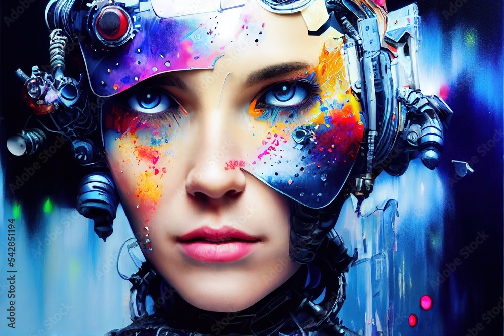 Stunning colourful illustration of female cyborg, ai generated illustration. Character is not based on any real person. Stunning colourful illustration of female cyborg, ai generated illustration. Character is not based on any real person.