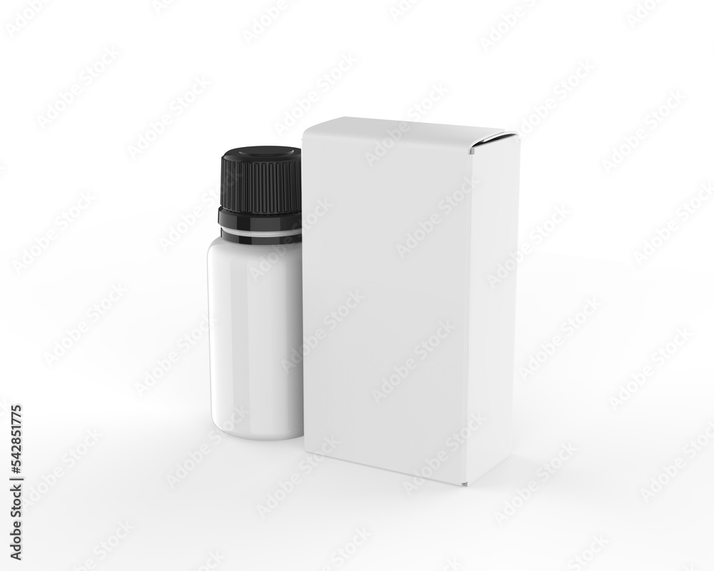 Realistic 3D rendering of plastic White Capsule bottle on white background with open cap of vitamins, pills or capsules. 3D illustration Realistic 3D rendering of plastic White Capsule bottle on white background with open cap of vitamins, pills or capsules. 3D illustration
