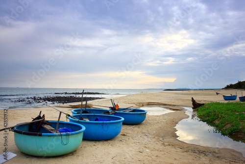 Coracle fishing boats on beach. Mui Ne, Phan Tiet, Vietnam