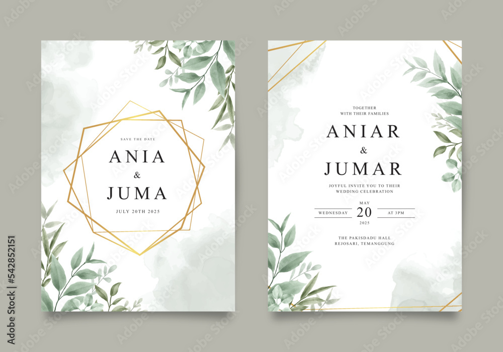 Elegant wedding invitation with golden geometric frame and green leaves