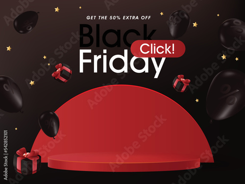 Black friday sale promotion banner layout design with product display cylindrical shape