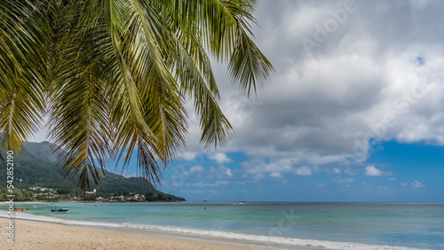 Boats and yachts are visible on the surface of the turquoise ocean. A green hill in the distance. Beautiful carved palm leaves on a background of blue sky and clouds. Seychelles. Mahe