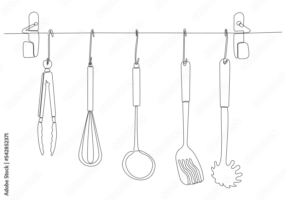 Cooking Seamless Pattern. Background Cutlery Lines. One Line Drawing