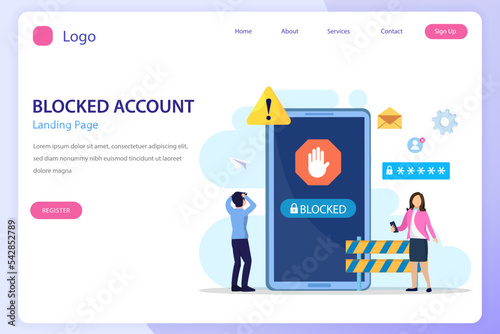 People are very surprised and feeling anxious about blocked user account. Experts help user to unblock account. Flat vector template