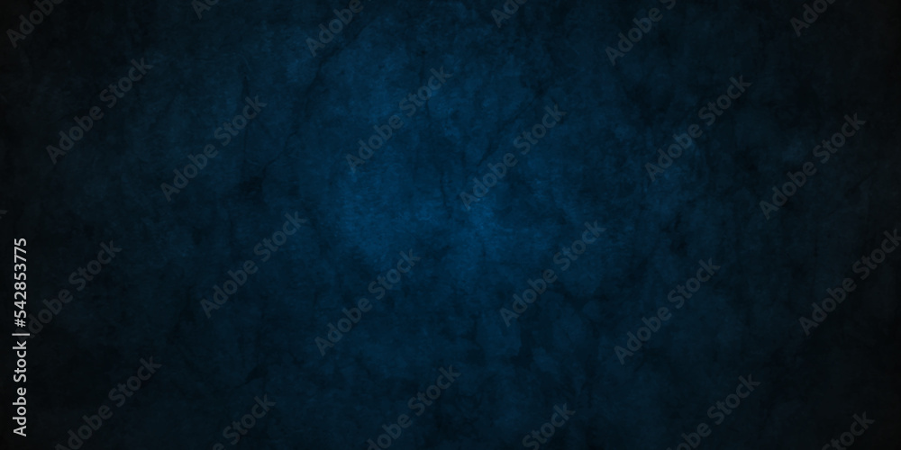 Dark blue and black grunge textured concrete backdrop background. Panorama dark blue and black slate background or texture. Vector blue concrete texture. Stone wall background.