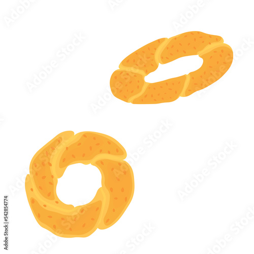 Simit or gevrek. Turkish bagel with sesame. Vector stock illustration. Traditional Turkish bakery and street food. Fresh Turkish bagel. Isolated on a white background.