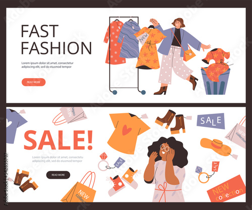 Fast fashion and sales web banners set, flat vector illustration.