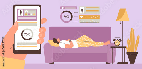 Wellness service of analyzing slumber habits and sleep tracking, flat vector.