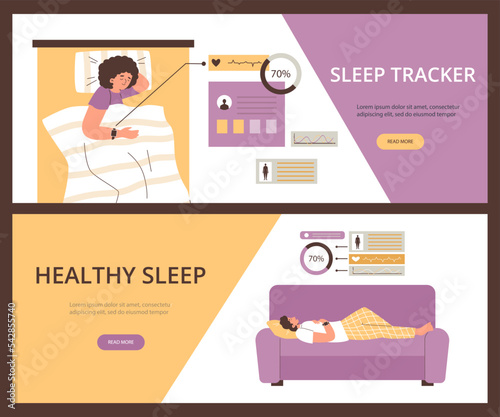 Sleeptracker health monitoring smart watch functions banners, flat vector.