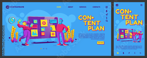 Content plan banner with people work with calendar, schedule with icons on screen. Concept of publications in social media, vector flexible landing page with illustration in contemporary style