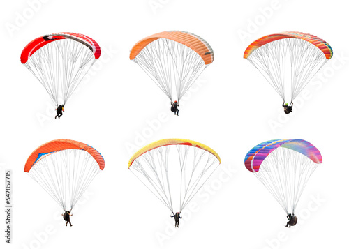 collection Bright colorful parachute on white background, isolated. Concept of extreme sport, taking adventure challenge.