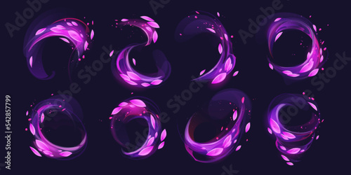 Purple light circles with sparks and leaves motion effect. Magic glow with star dust and sparkles. Abstract flow, tornado vortex, isolated magician spell round swirls Cartoon vector illustration, set