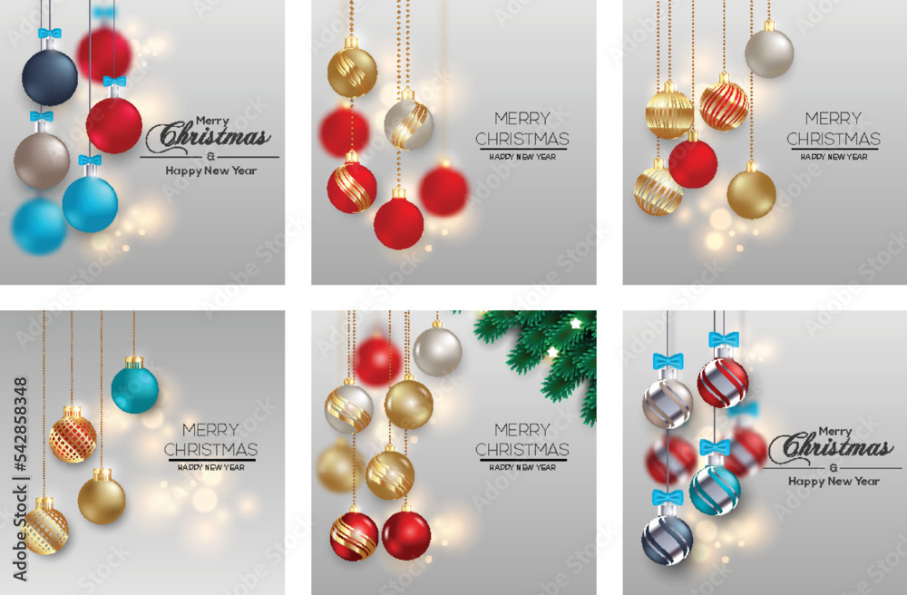 Christmas balls background, Christmas social media posts Hanging  Xmas decorative balls, Christmas wish card, Festive vector realistic decor ornaments