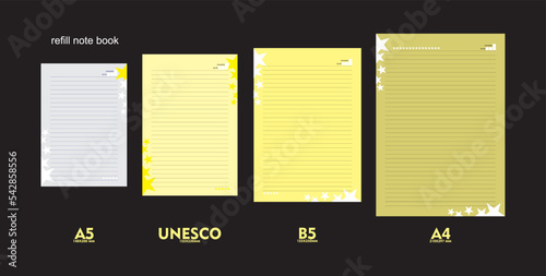 A5, A4, B5 and unesco size notebook refill design. vector four types in one set