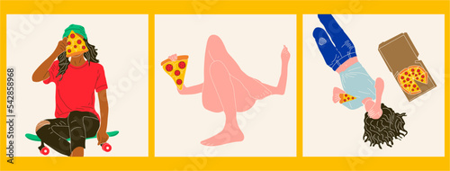 Set of three  Young happy woman cartoon character eats pizza Vector in cartoon style. All elements are isolated