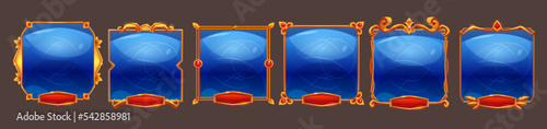 Golden vintage game frames, ui medieval square borders from metal, gems, blue panels with red buttons. Cartoon empty metallic bordering with gemstone isolated design elements, Vector illustration set