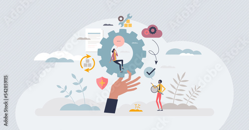 Service provider management as outsource support company tiny person concept. MSP network, application, infrastructure and security performance assistance for effective business vector illustration
