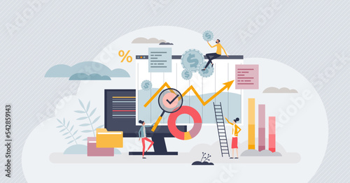 Financial modeling as assets or value data representation tiny person concept. Market analysis with statistical or mathematical calculations vector illustration. Analyzing global market performance.