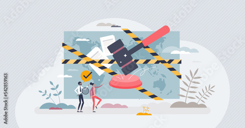 Sanctions and economic or political export prohibition tiny person concept. Conflict punishment with international business restriction and deal rejection vector illustration. State regulation and ban