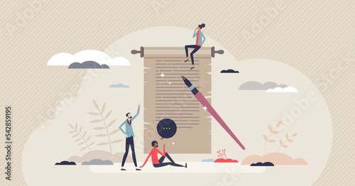 Manuscript as book, document, or piece of paper with text tiny person concept. Original hand written message with ink on old and folded papyrus vector illustration. Vintage, retro and antique scroll.