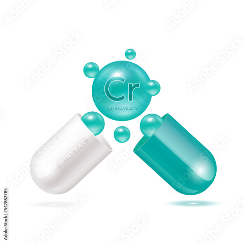 Chromium  mineral in capsule green 3d isolated on white background. Vector EPS10 illustration. Vitamins minerals complex for product design. Medical scientific concepts.
