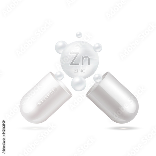Zinc mineral in capsule silver 3d isolated on white background. Vector EPS10 illustration. Vitamins minerals complex for product design. Medical scientific concepts. © Adisak